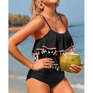 Holipick Women Black Tassel Tankini Set High Waisted Tummy Control L